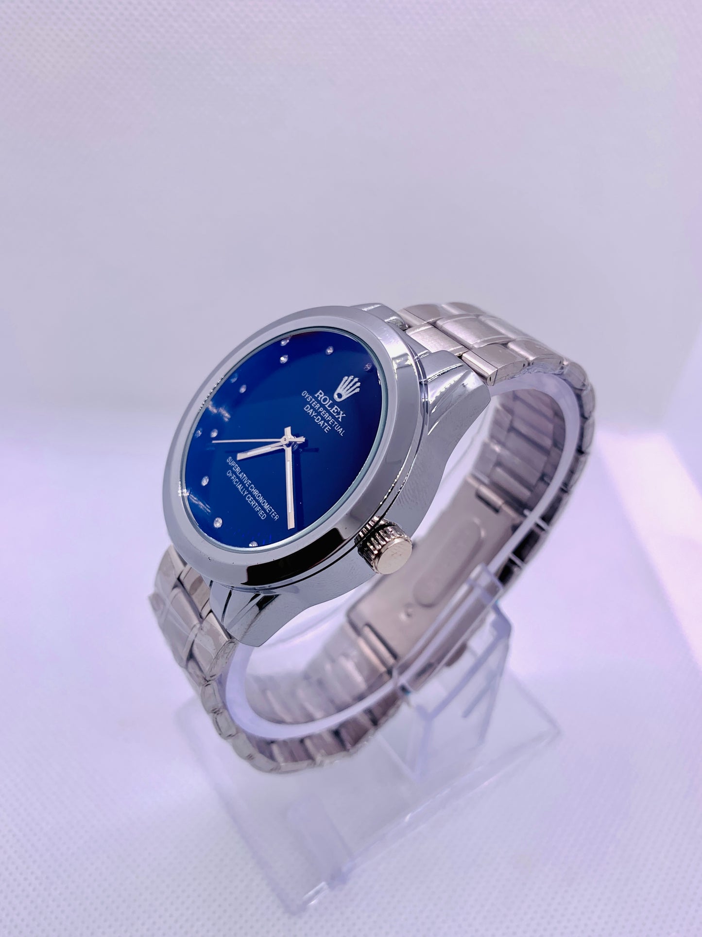 Rolex Oyster Perpetual Day-Date Men’s Watch – Blue Dial, Silver Chain