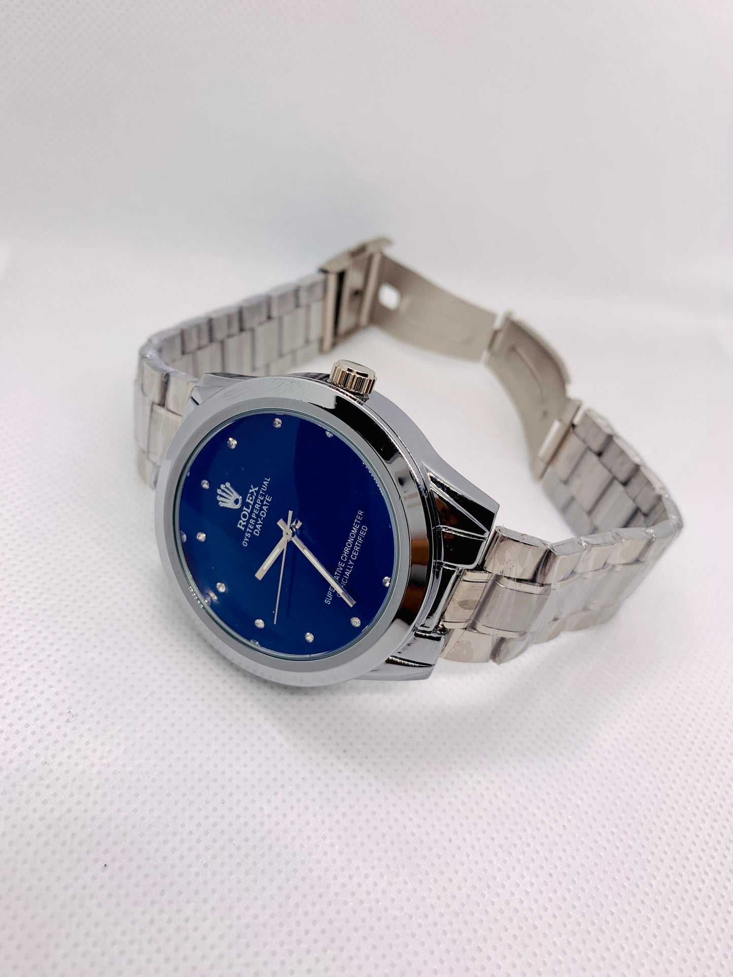 Rolex Oyster Perpetual Day-Date Men’s Watch – Blue Dial, Silver Chain