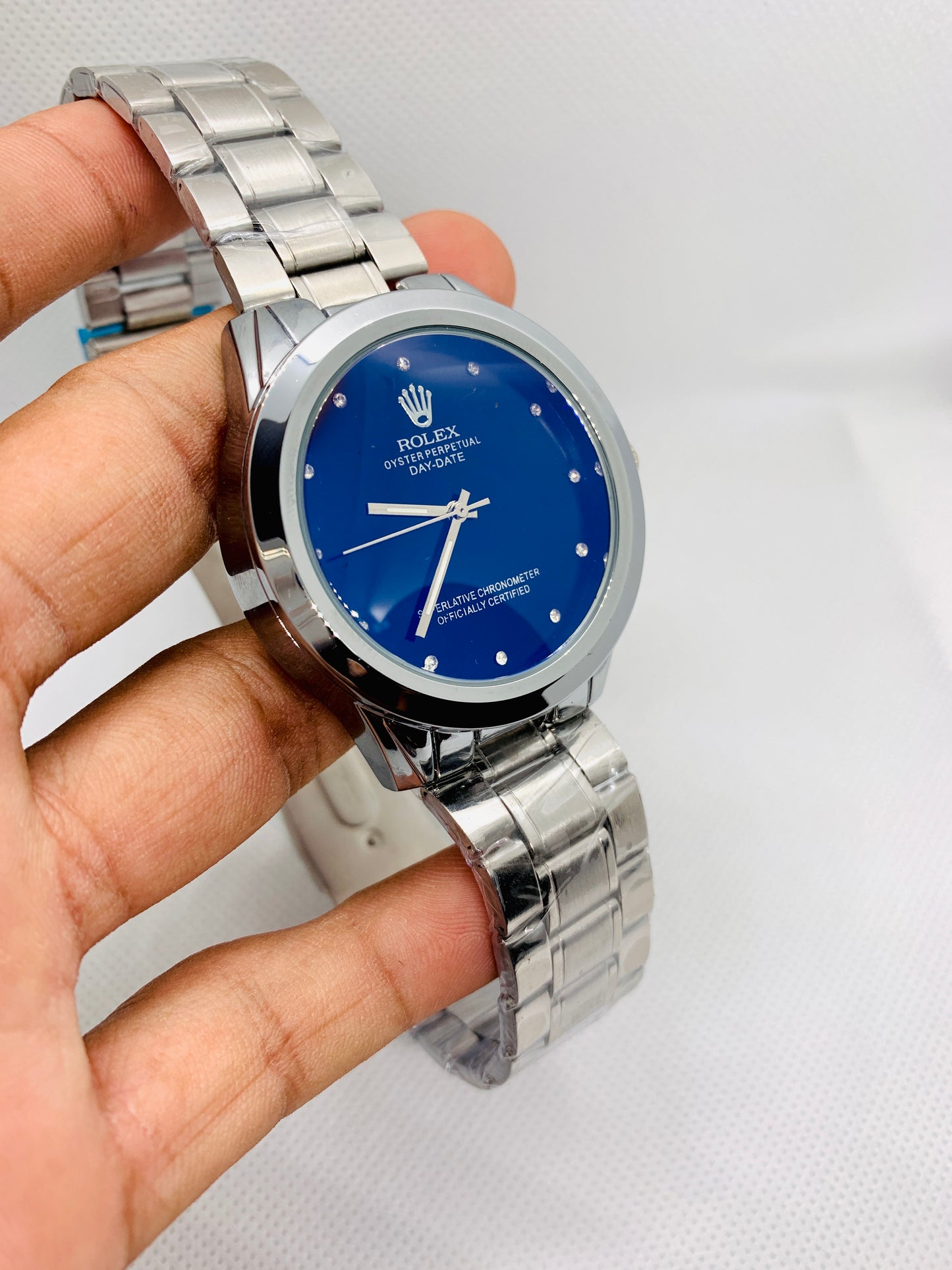 Rolex Oyster Perpetual Day-Date Men’s Watch – Blue Dial, Silver Chain