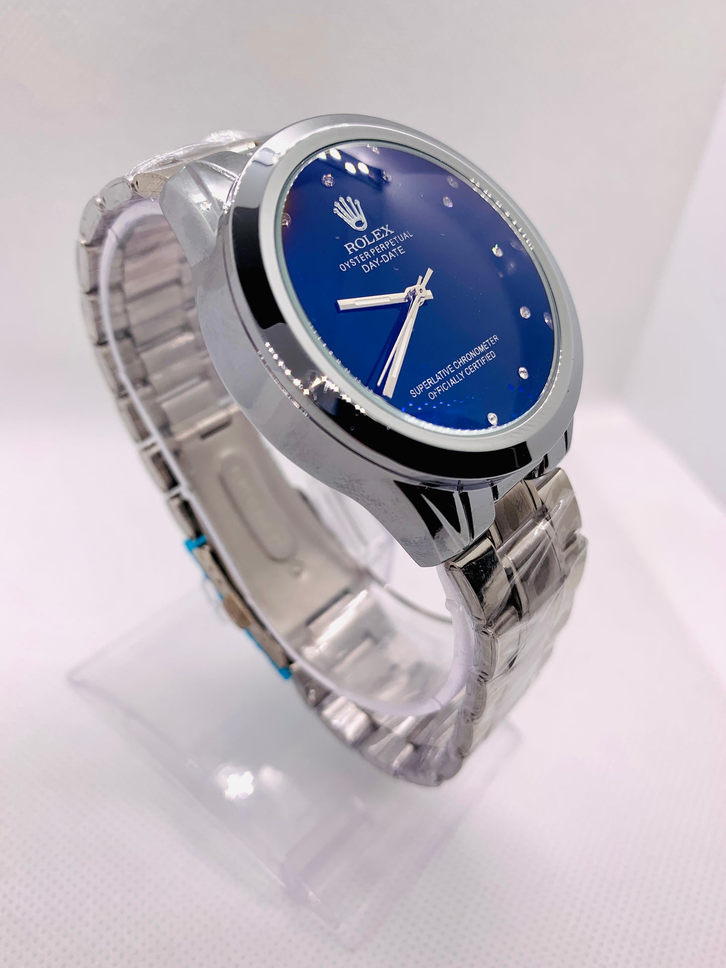 Rolex Oyster Perpetual Day-Date Men’s Watch – Blue Dial, Silver Chain